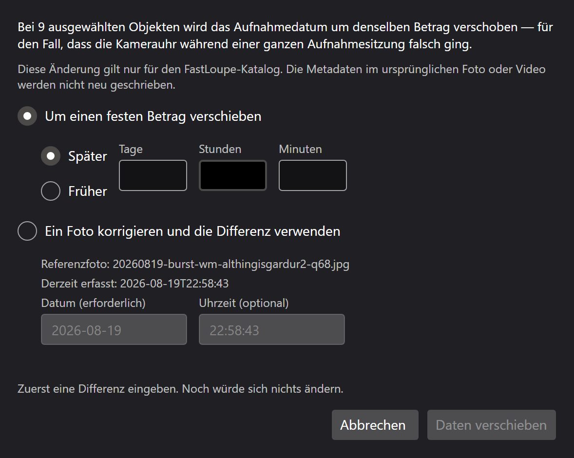 Der Dialog zum Verschieben der Aufnahmedaten einer ganzen Auswahl um einen Versatz.