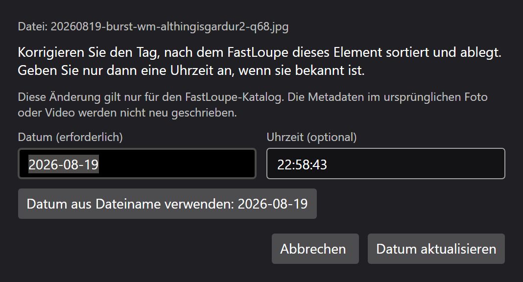Der Dialog zum Korrigieren des Aufnahmedatums eines einzelnen Fotos.