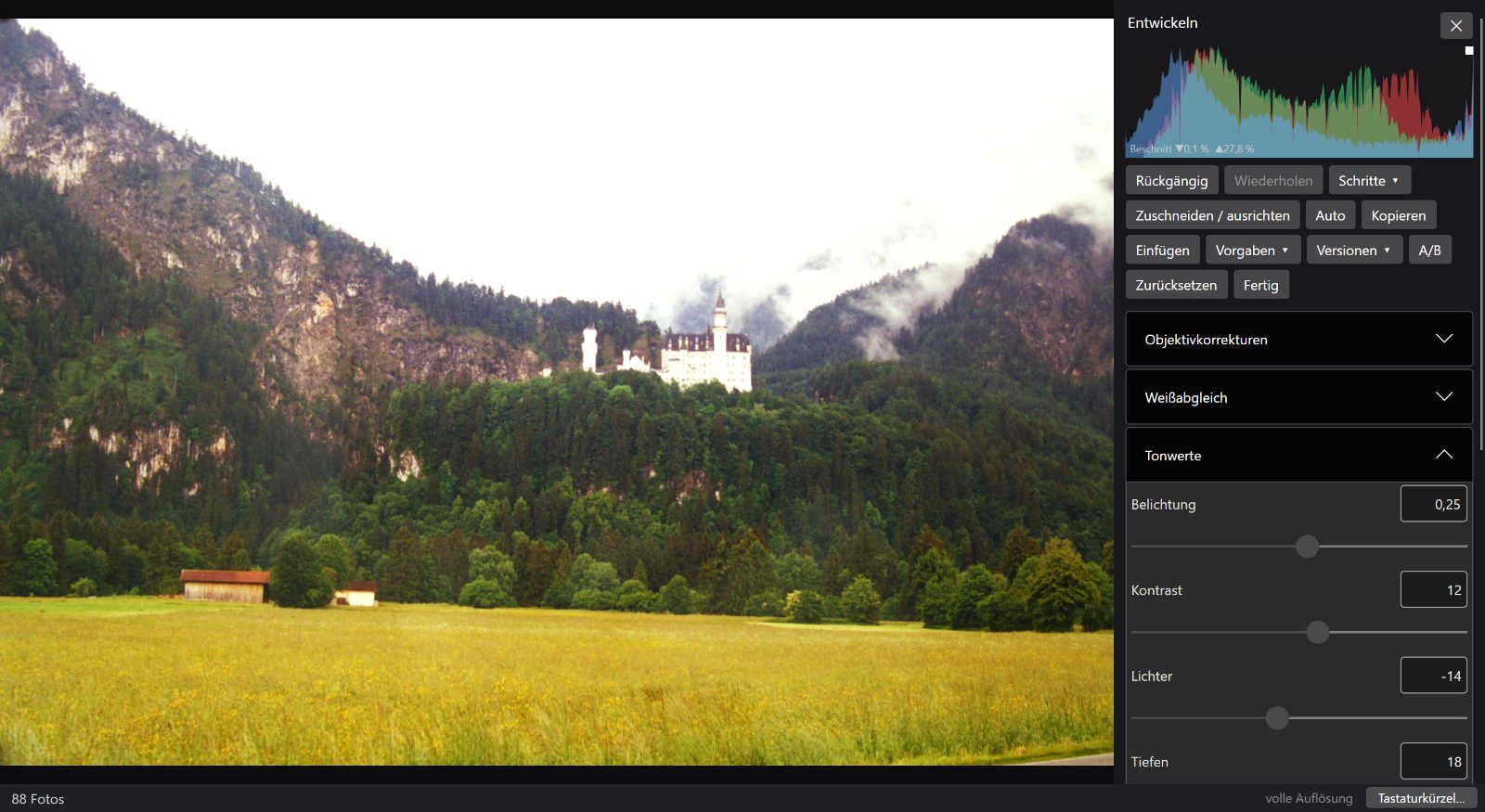 Der Entwickeln-Bereich mit geöffnetem Tonwert-Abschnitt und einem Histogramm darüber.
