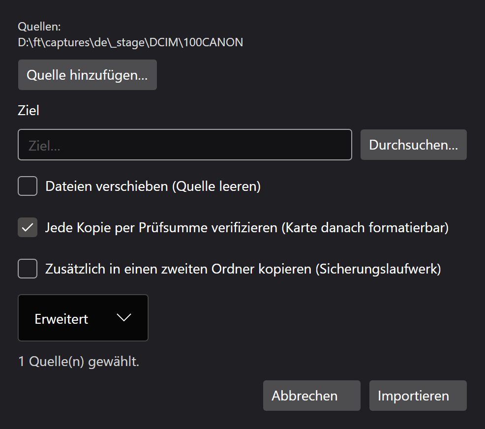 Der Importdialog mit einer Kamerakarte als gewählter Quelle.