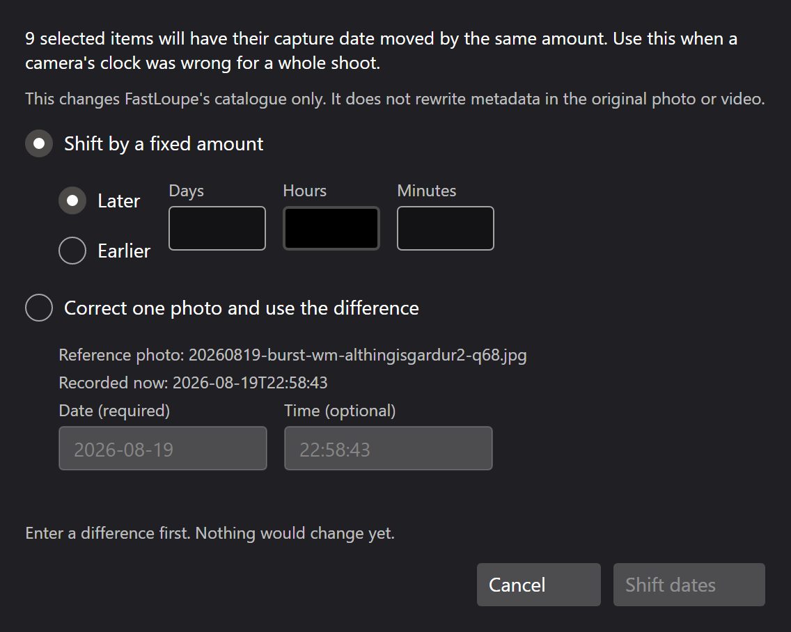 The dialog for shifting a whole selection's capture dates by one offset.