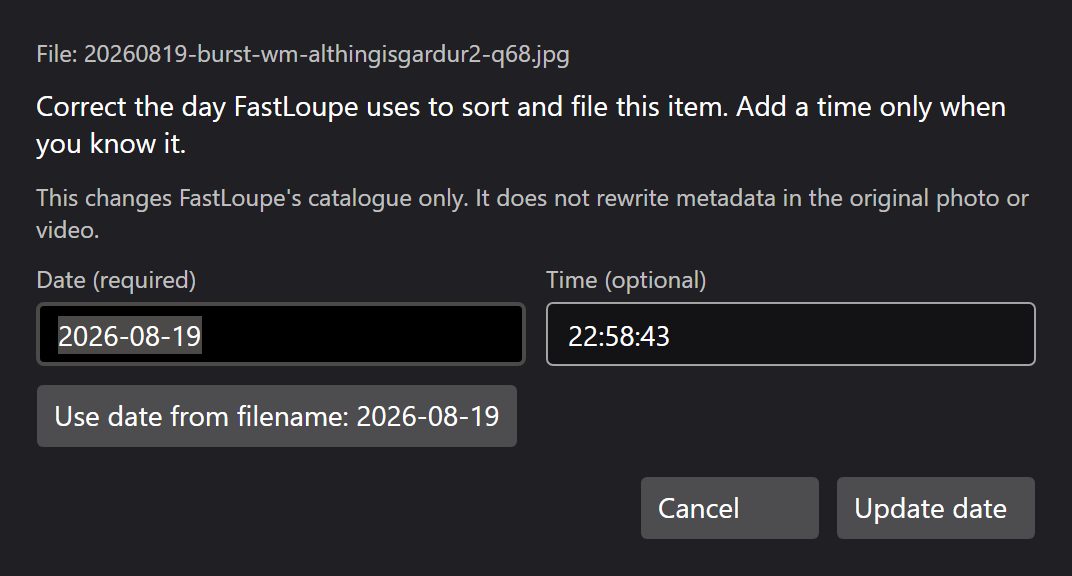 The dialog for correcting one photograph's capture date.