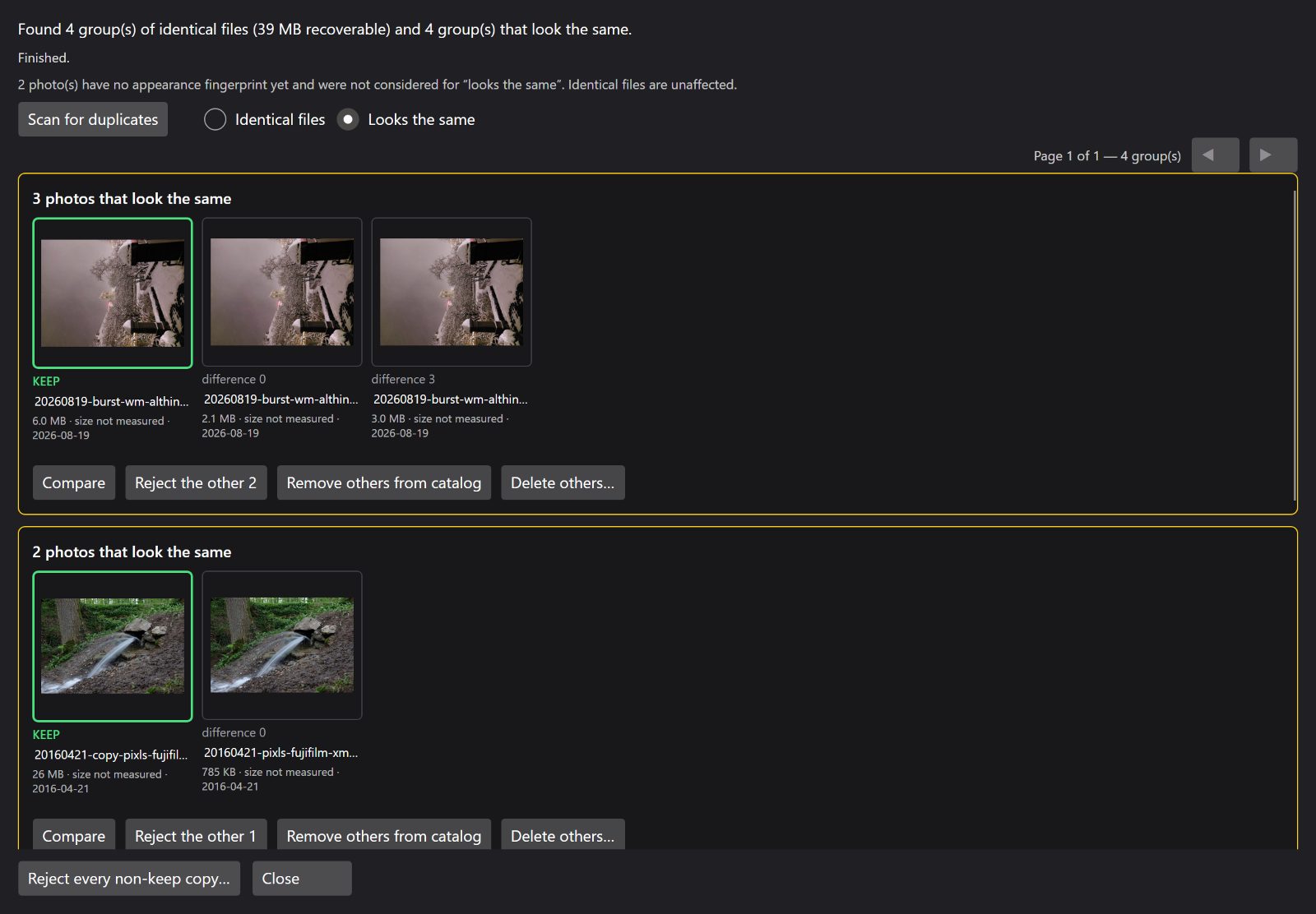 The same window on its near-duplicate tab, showing visually similar frames grouped together.