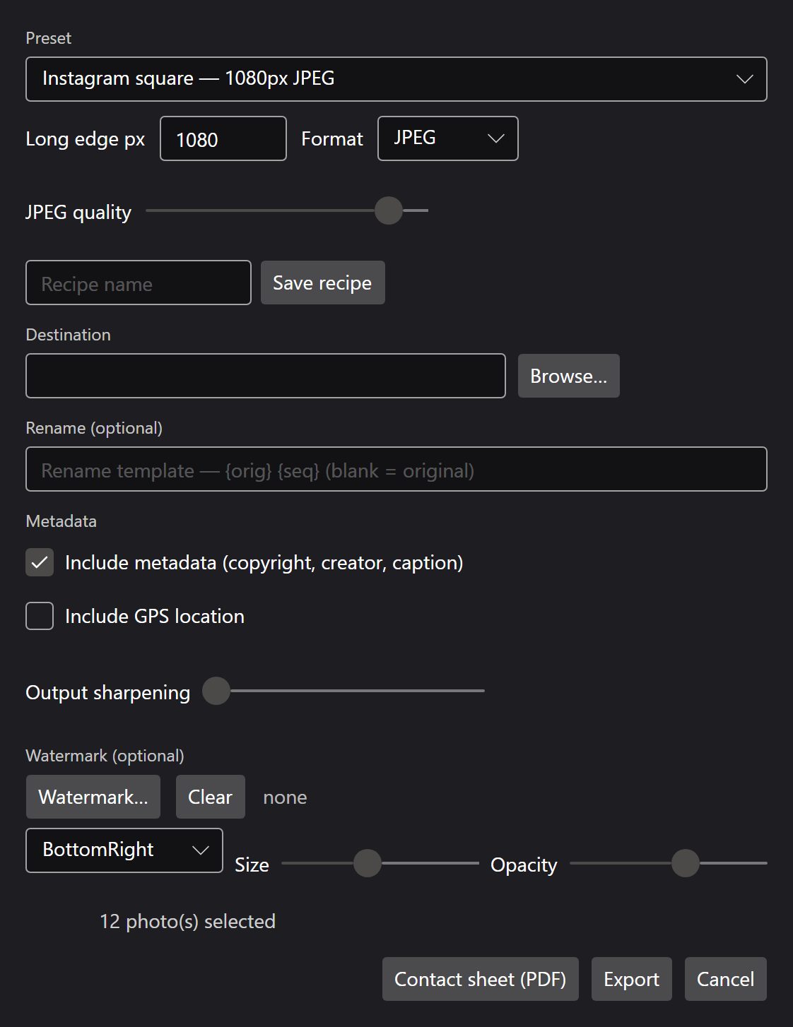 The export dialog with a selection of photographs and the size and format options.