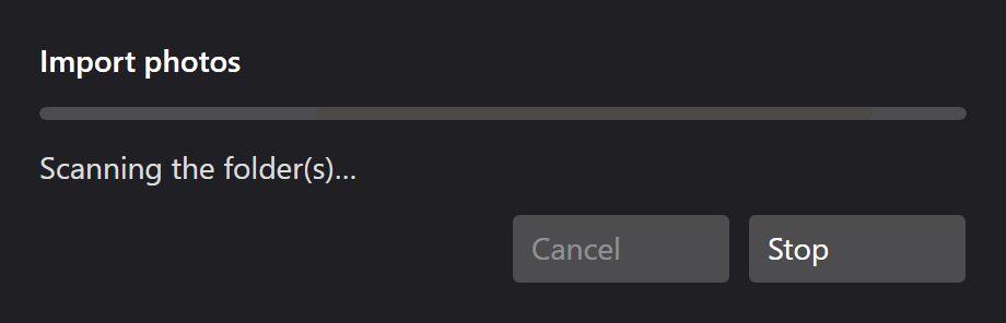 The import running, with a progress bar and a per-file count.
