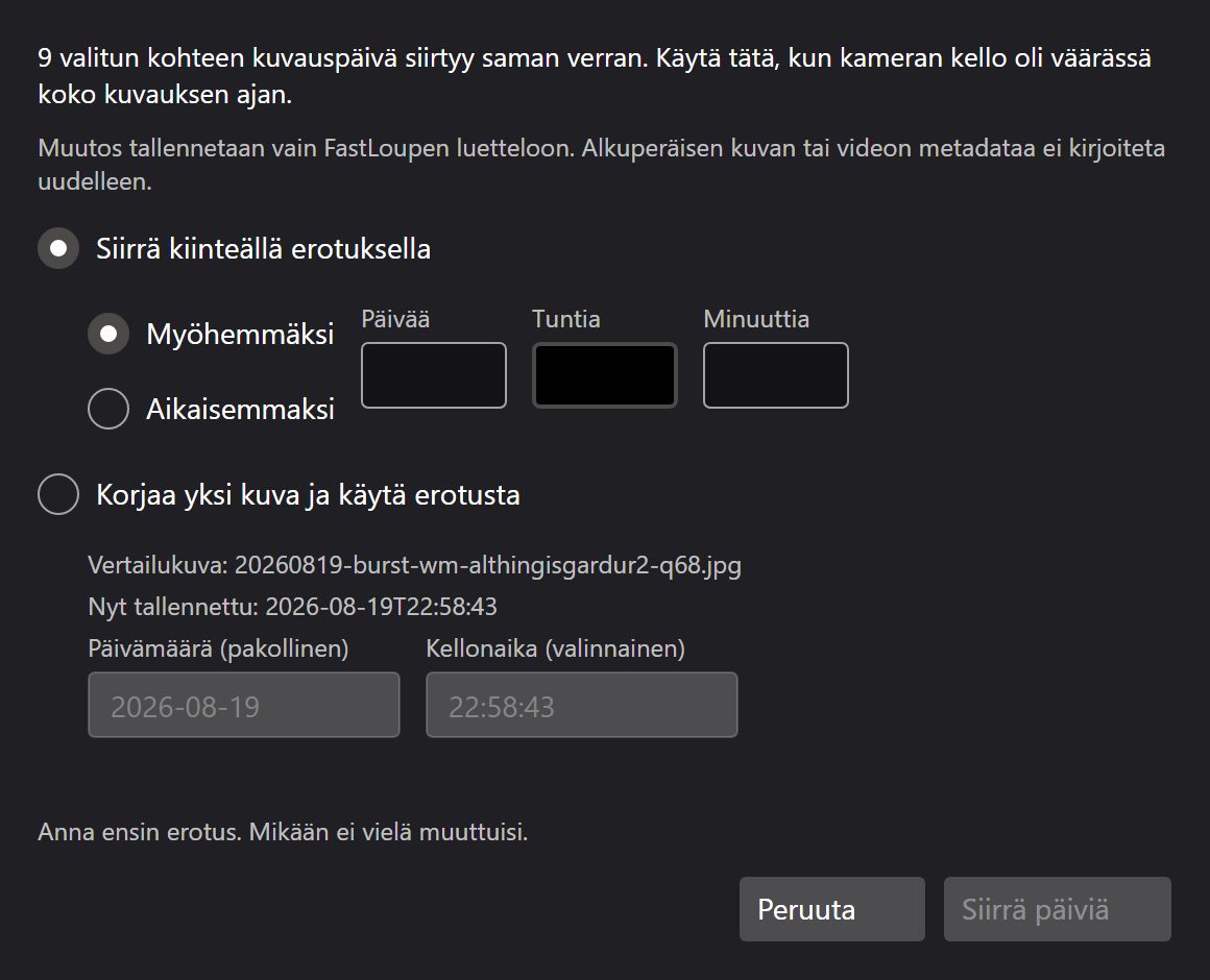 Valintaikkuna koko valinnan kuvauspäivien siirtämiseen yhdellä siirtymällä.