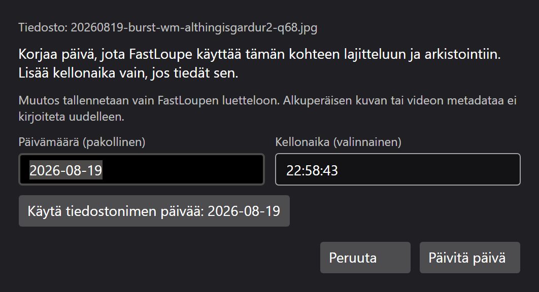 Valintaikkuna yhden kuvan kuvauspäivän korjaamiseen.