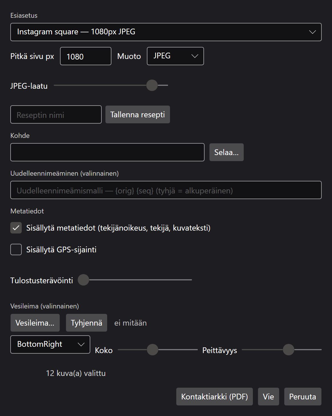Vientivalintaikkuna, jossa valikoima kuvia sekä koko- ja muotoasetukset.