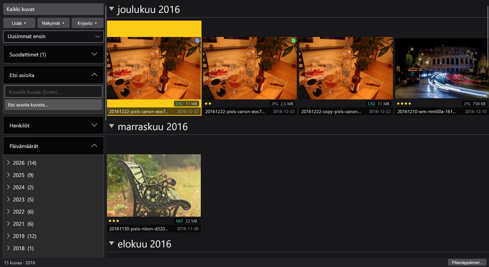 Ruudukko rajattuna yhteen vuoteen aikavälikentällä.