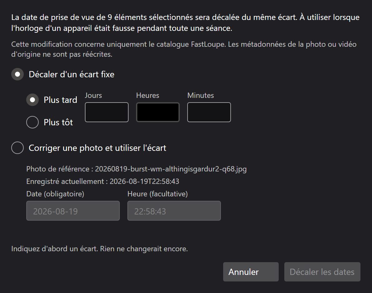 La boîte de dialogue de décalage des dates de prise de vue de toute une sélection d’un même écart.