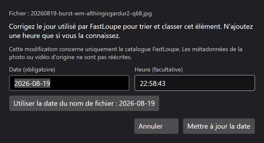 La boîte de dialogue de correction de la date de prise de vue d’une photo.