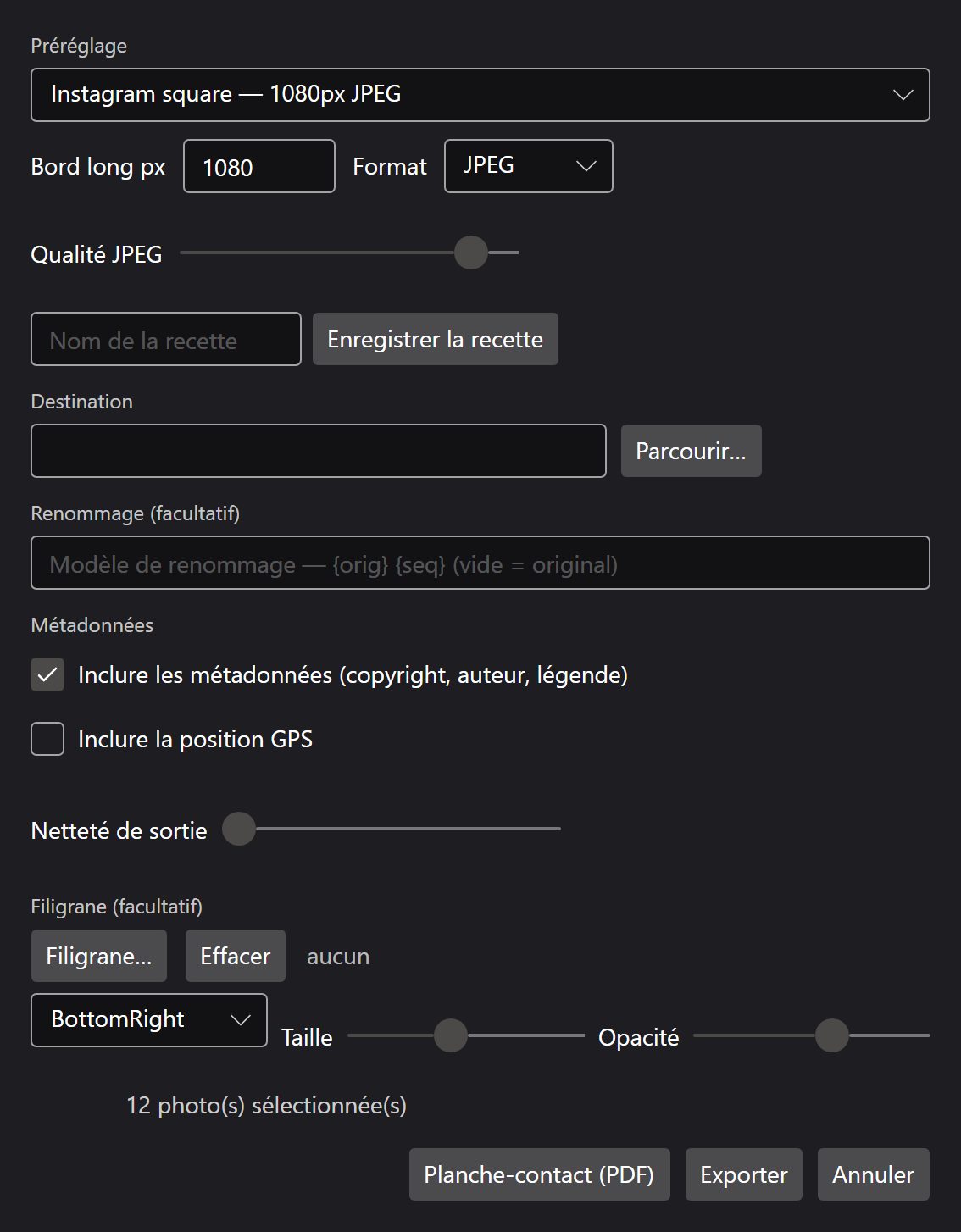 La boîte de dialogue d’export avec une sélection de photos et les options de taille et de format.