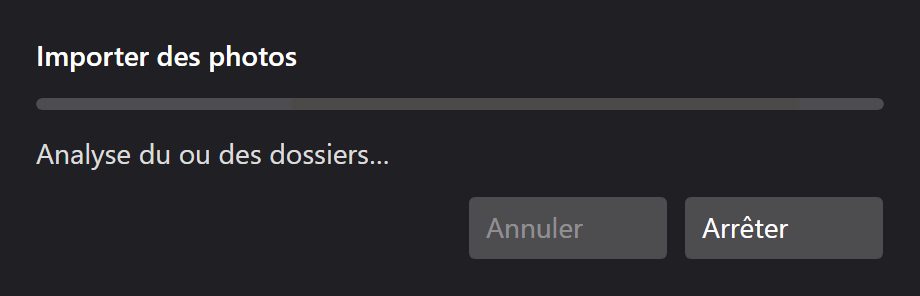 L’importation en cours, avec une barre de progression et un décompte fichier par fichier.
