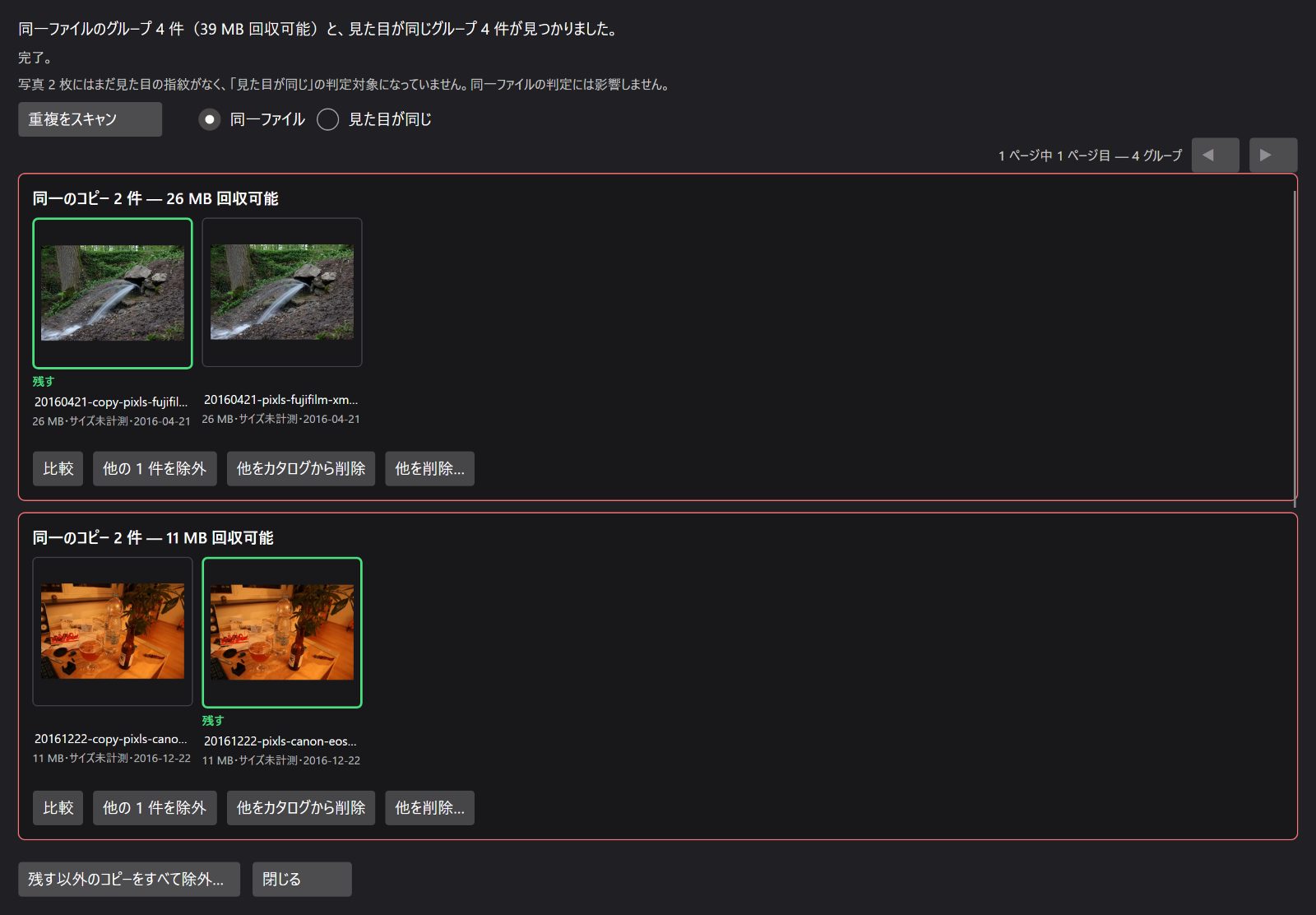 バイト単位で同一のファイルのグループを一覧する重複レビューのウィンドウ。残す候補として提案されたものに印が付いています。